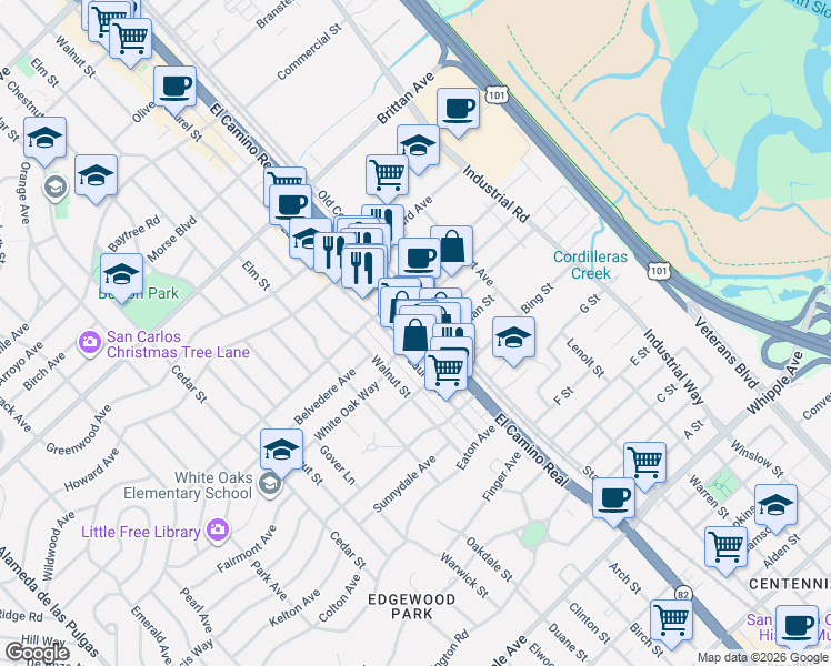 map of restaurants, bars, coffee shops, grocery stores, and more near 1494 El Camino Real in San Carlos