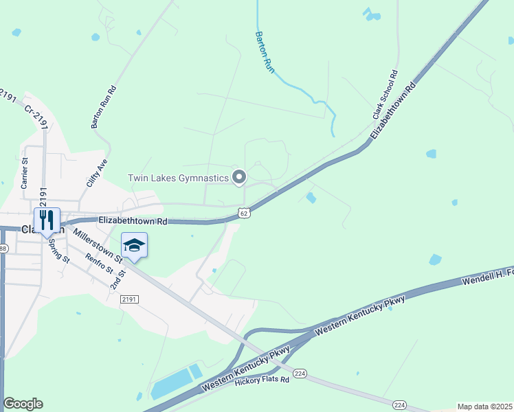 map of restaurants, bars, coffee shops, grocery stores, and more near 5100 Elizabethtown Road in Clarkson
