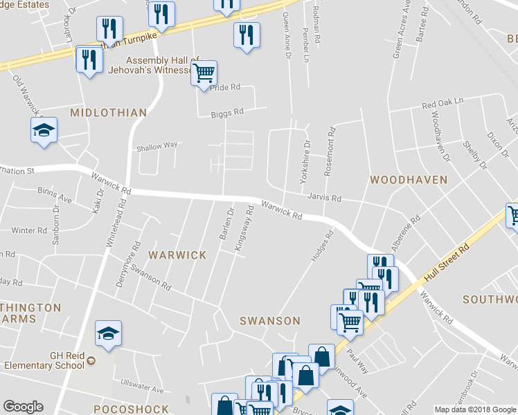 map of restaurants, bars, coffee shops, grocery stores, and more near 5635 Warwick Road in Richmond