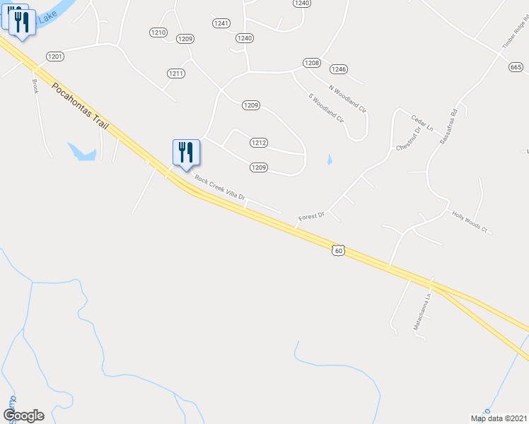 map of restaurants, bars, coffee shops, grocery stores, and more near 3491 Rock Creek Villa Drive in Quinton