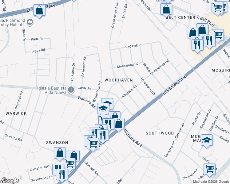 map of restaurants, bars, coffee shops, grocery stores, and more near 5126 Weatherford Road in Richmond
