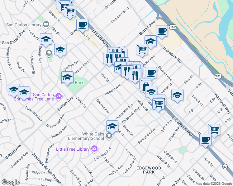 map of restaurants, bars, coffee shops, grocery stores, and more near 1316 Elm Street in San Carlos