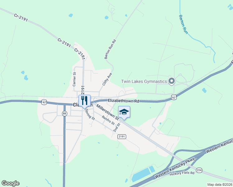 map of restaurants, bars, coffee shops, grocery stores, and more near 302 Old Leitchfield Road in Clarkson