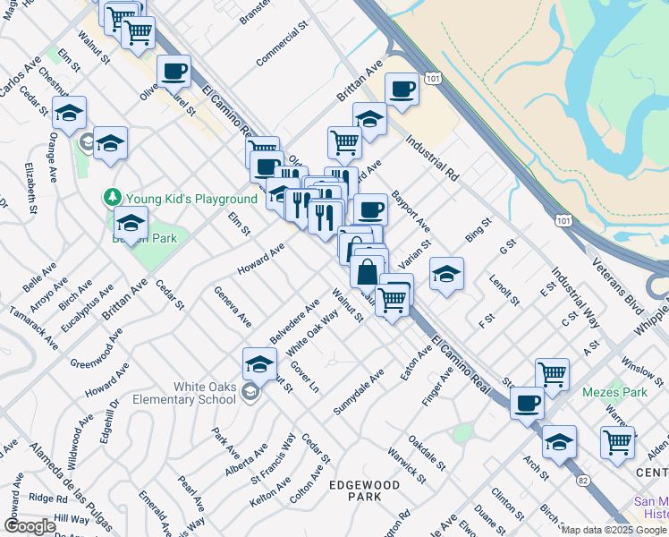 map of restaurants, bars, coffee shops, grocery stores, and more near 1200 Belmont Avenue in San Carlos