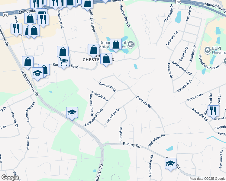 map of restaurants, bars, coffee shops, grocery stores, and more near 400 Comstock Drive in Chesterfield County