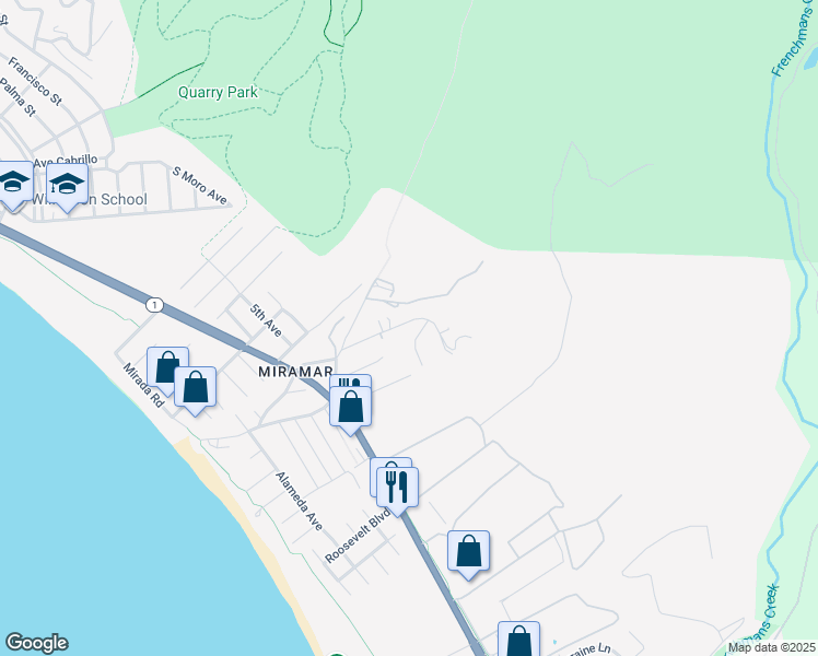 map of restaurants, bars, coffee shops, grocery stores, and more near 590 Miramar Drive in El Granada