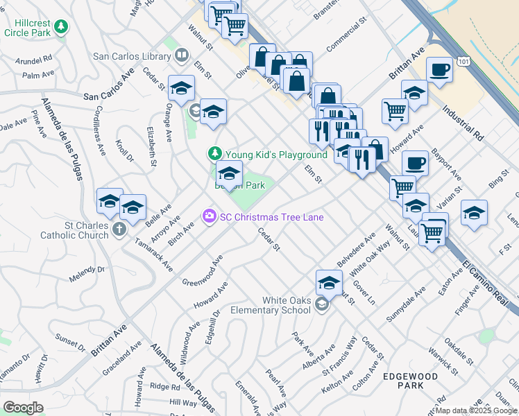 map of restaurants, bars, coffee shops, grocery stores, and more near 1689 Brittan Avenue in San Carlos
