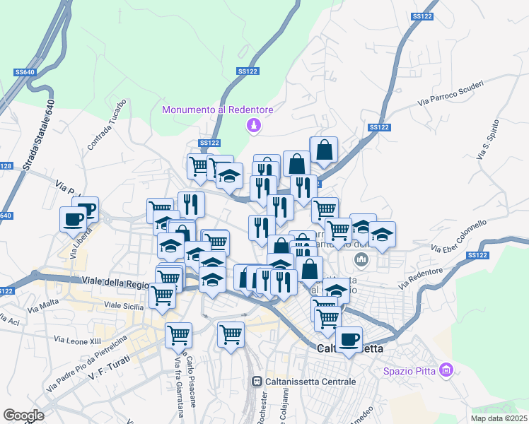 map of restaurants, bars, coffee shops, grocery stores, and more near 127 Via Borremans in Caltanissetta