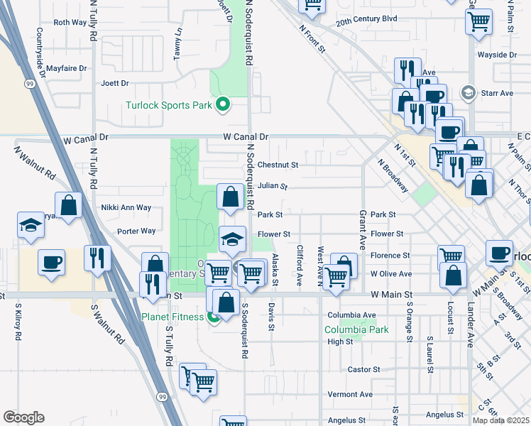 map of restaurants, bars, coffee shops, grocery stores, and more near 1101 Park Street in Turlock