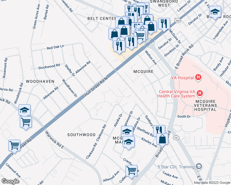 map of restaurants, bars, coffee shops, grocery stores, and more near 1450 Clarkson Road in Richmond