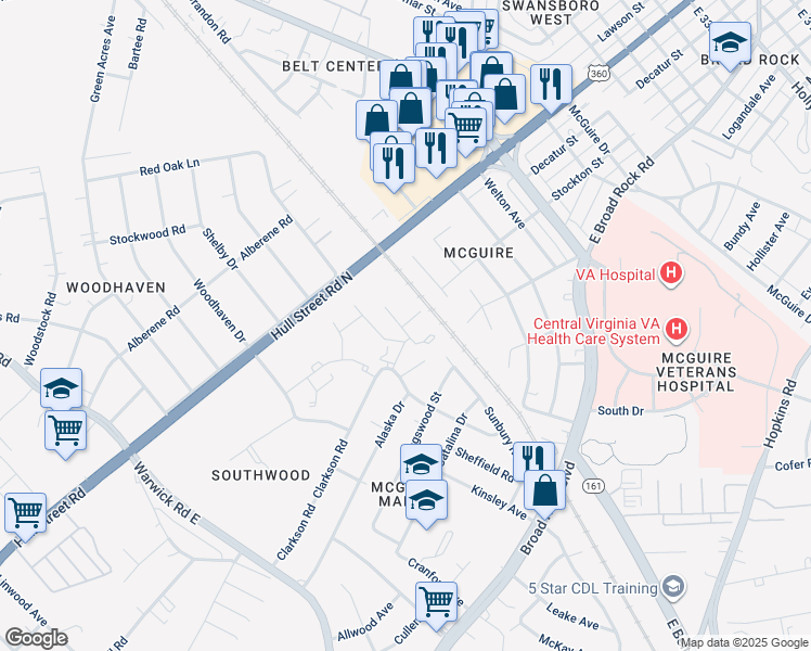 map of restaurants, bars, coffee shops, grocery stores, and more near 1450 Clarkson Road in Richmond