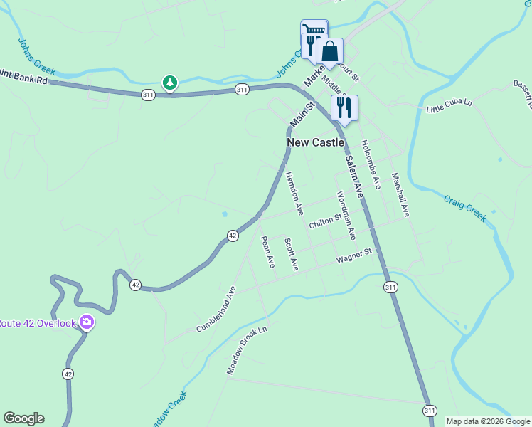 map of restaurants, bars, coffee shops, grocery stores, and more near Cumberland Avenue in New Castle