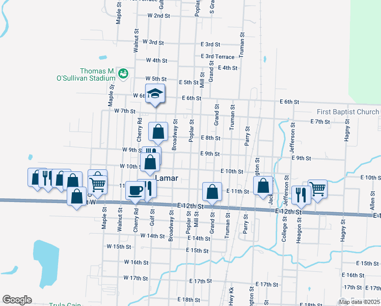 map of restaurants, bars, coffee shops, grocery stores, and more near 198 E 9th St in Lamar