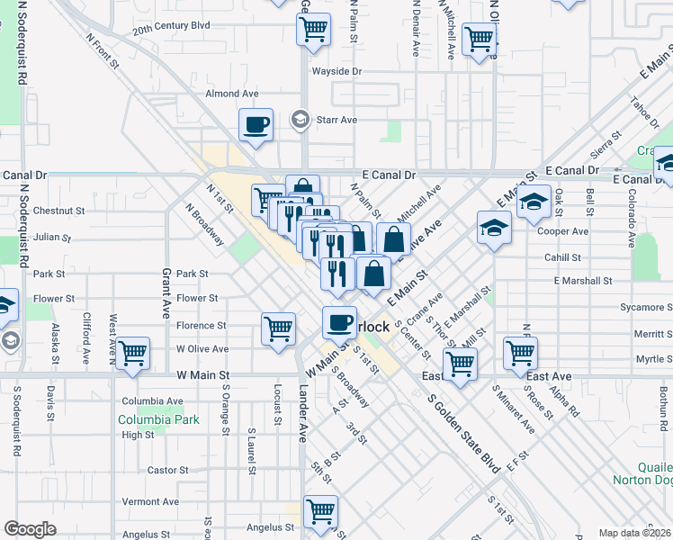 map of restaurants, bars, coffee shops, grocery stores, and more near 334 North Center Street in Turlock