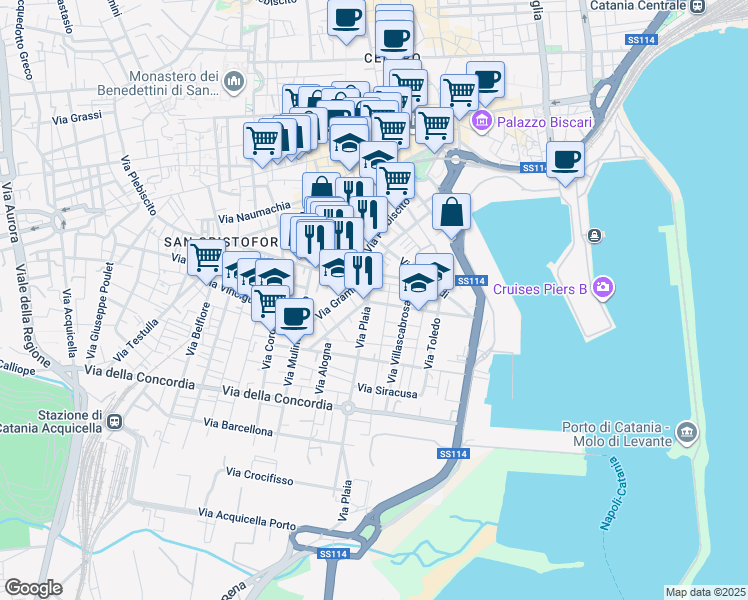 map of restaurants, bars, coffee shops, grocery stores, and more near 69 Via San Angelo Custode in Catania