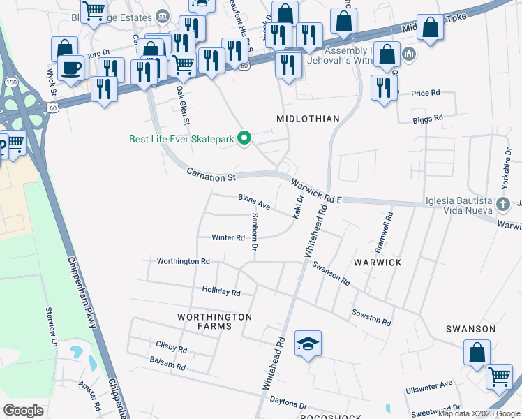 map of restaurants, bars, coffee shops, grocery stores, and more near 6217 Binns Avenue in Richmond