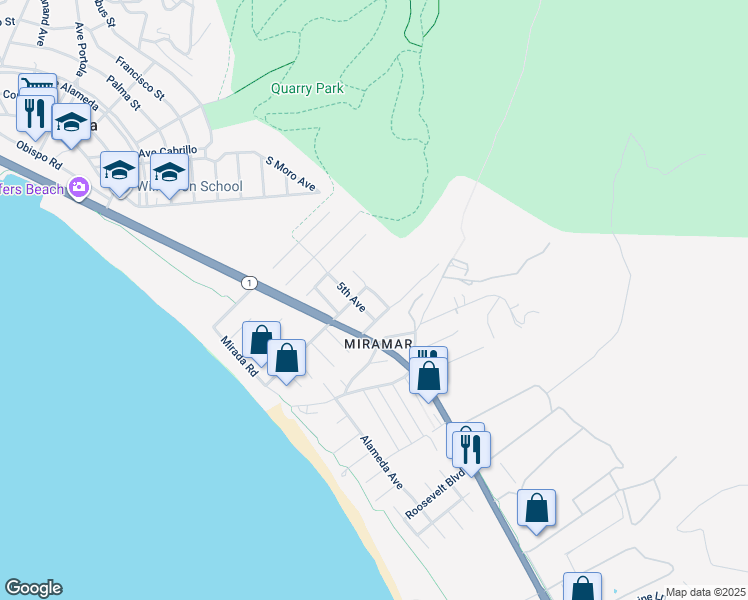 map of restaurants, bars, coffee shops, grocery stores, and more near 424 6th Avenue in Half Moon Bay
