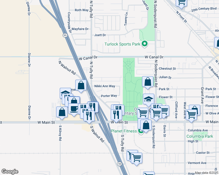 map of restaurants, bars, coffee shops, grocery stores, and more near 486 Asti Court in Turlock