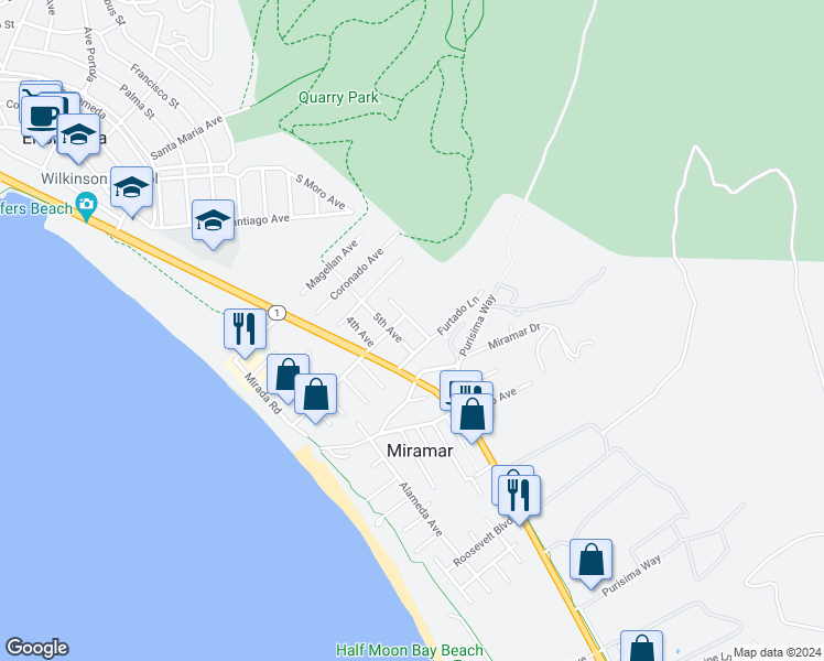 map of restaurants, bars, coffee shops, grocery stores, and more near 424 6th Avenue in Half Moon Bay
