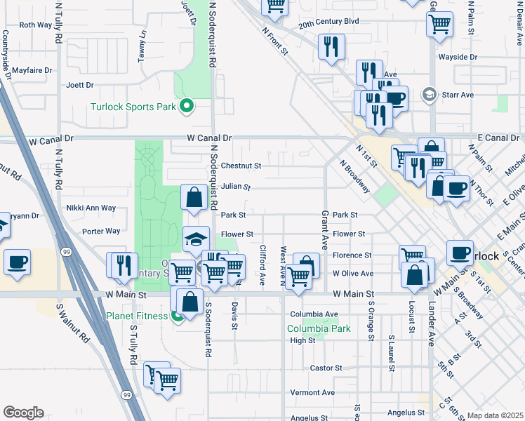 map of restaurants, bars, coffee shops, grocery stores, and more near 895 Park Street in Turlock