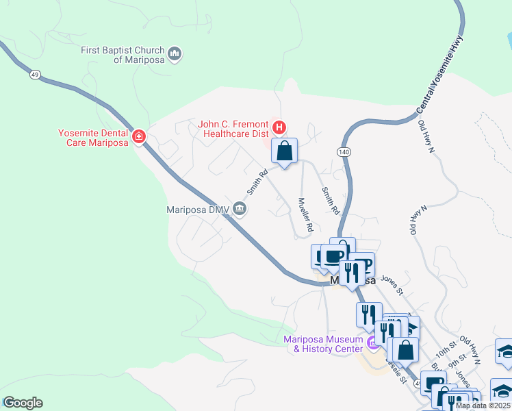 map of restaurants, bars, coffee shops, grocery stores, and more near 5018 Smith Road in Mariposa
