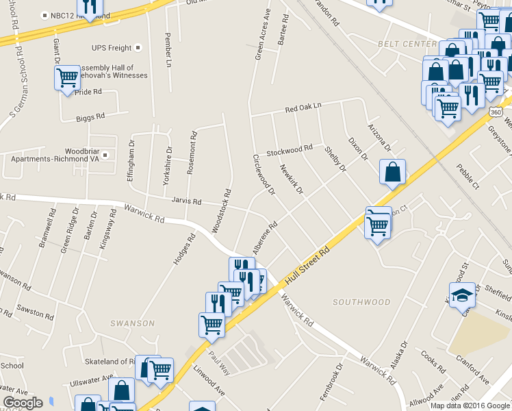 map of restaurants, bars, coffee shops, grocery stores, and more near 5125 Weatherford Road in Richmond