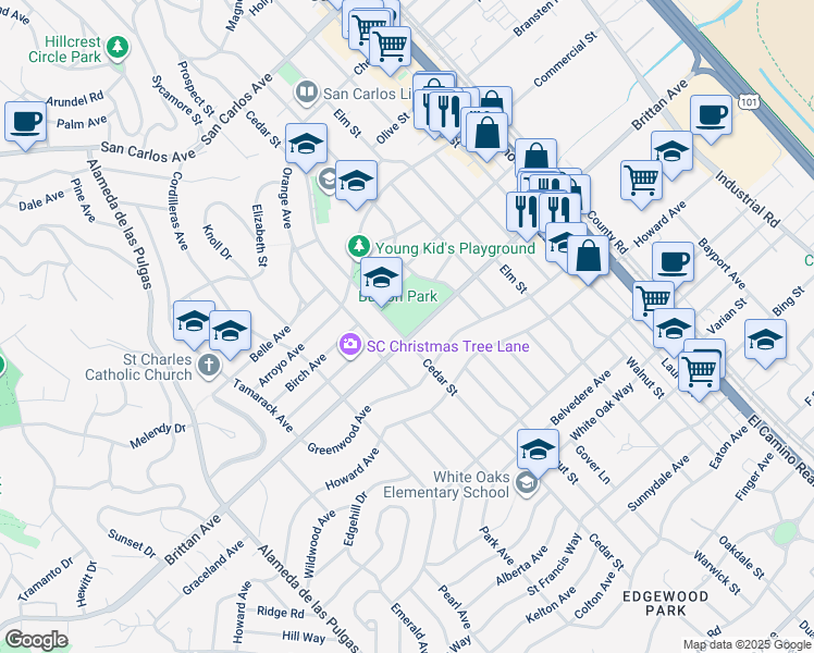map of restaurants, bars, coffee shops, grocery stores, and more near 1017 Cedar Street in San Carlos
