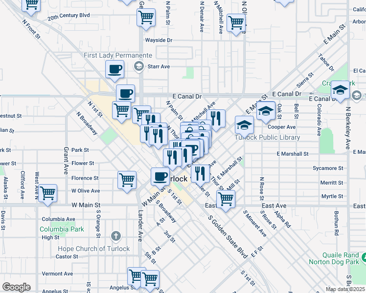 map of restaurants, bars, coffee shops, grocery stores, and more near 391 East Olive Avenue in Turlock