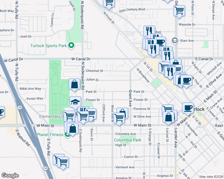 map of restaurants, bars, coffee shops, grocery stores, and more near 801 Park Street in Turlock