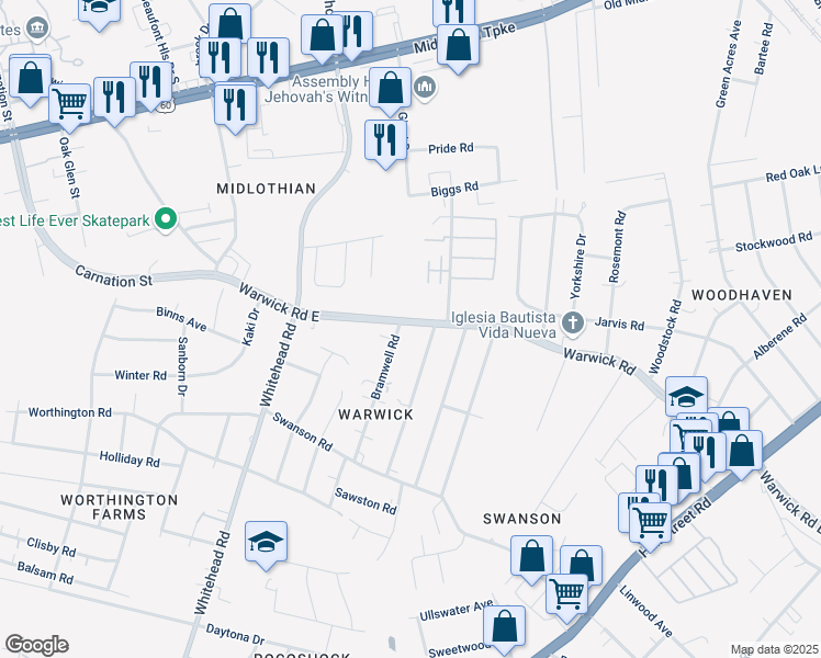 map of restaurants, bars, coffee shops, grocery stores, and more near 801 Bramwell Road in Richmond