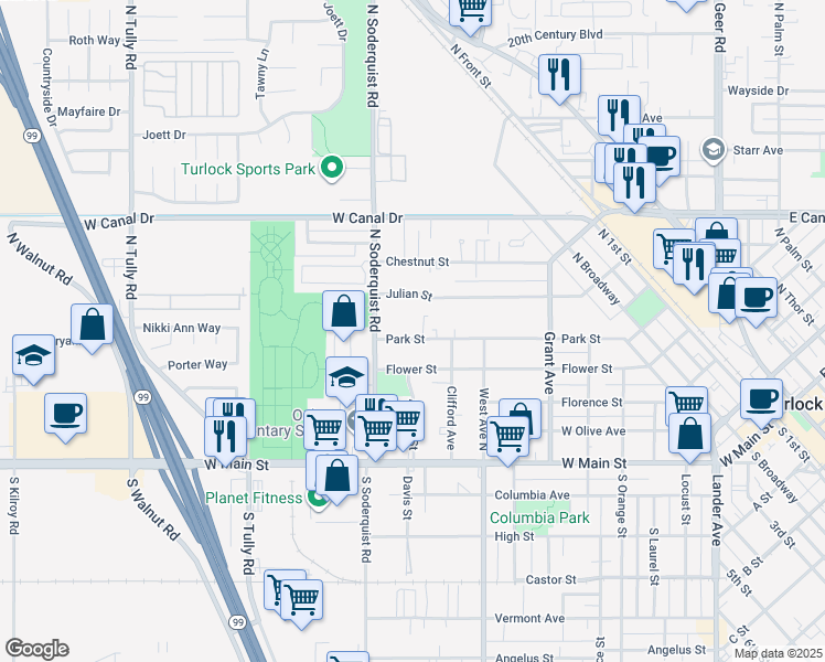 map of restaurants, bars, coffee shops, grocery stores, and more near 1025 Park Street in Turlock