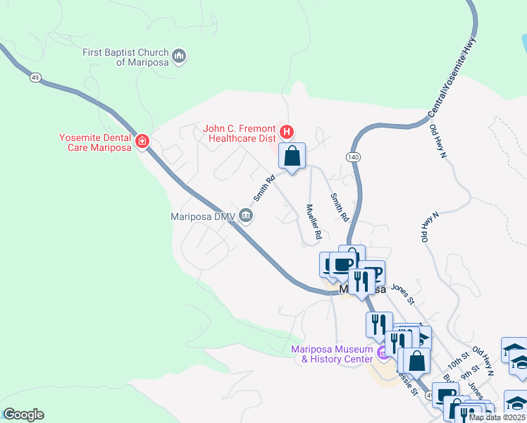 map of restaurants, bars, coffee shops, grocery stores, and more near 5018 Smith Road in Mariposa