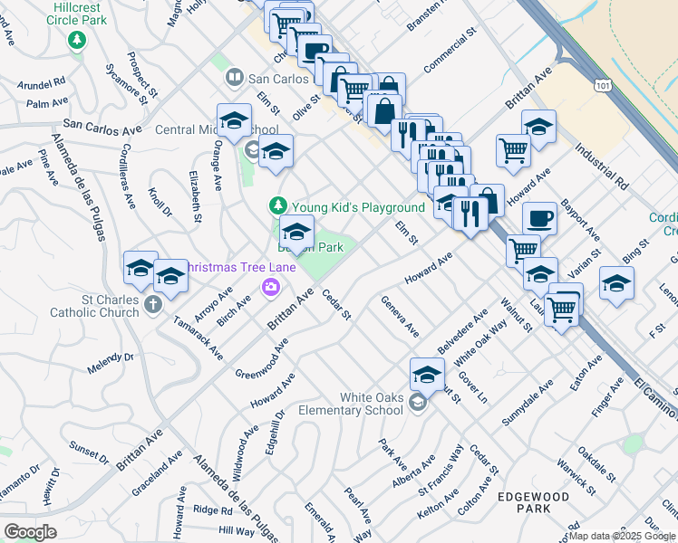 map of restaurants, bars, coffee shops, grocery stores, and more near 1689 Brittan Avenue in San Carlos