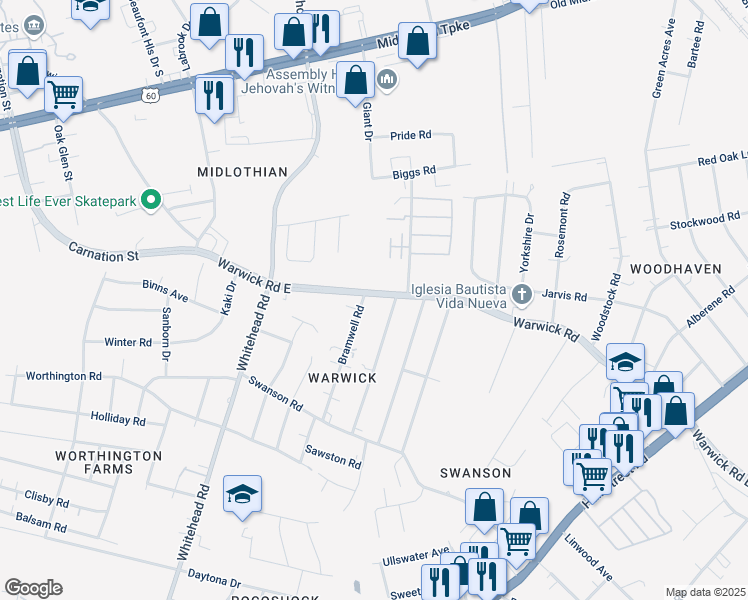 map of restaurants, bars, coffee shops, grocery stores, and more near 801 Bramwell Road in Richmond