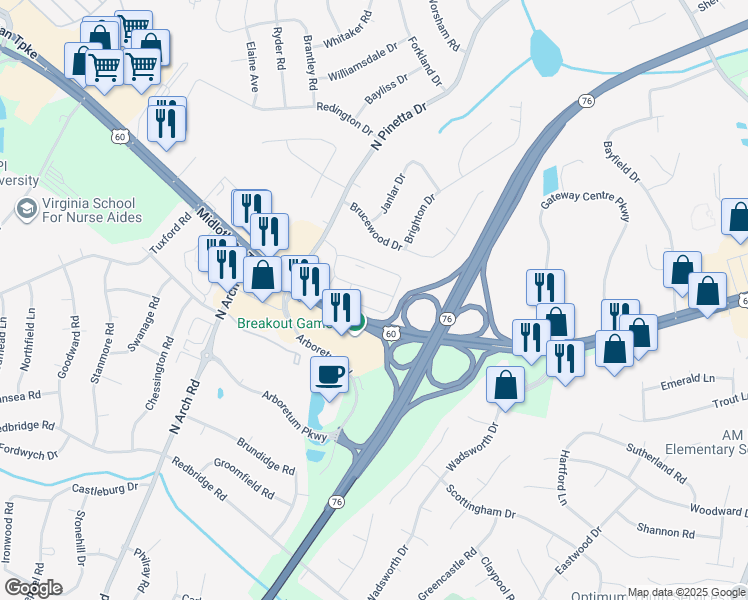 map of restaurants, bars, coffee shops, grocery stores, and more near 9101 Bon Air Crossings Drive in Bon Air