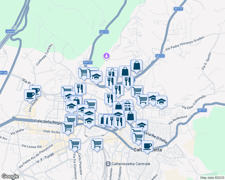 map of restaurants, bars, coffee shops, grocery stores, and more near 127 Via Borremans Guglielmo in Caltanissetta
