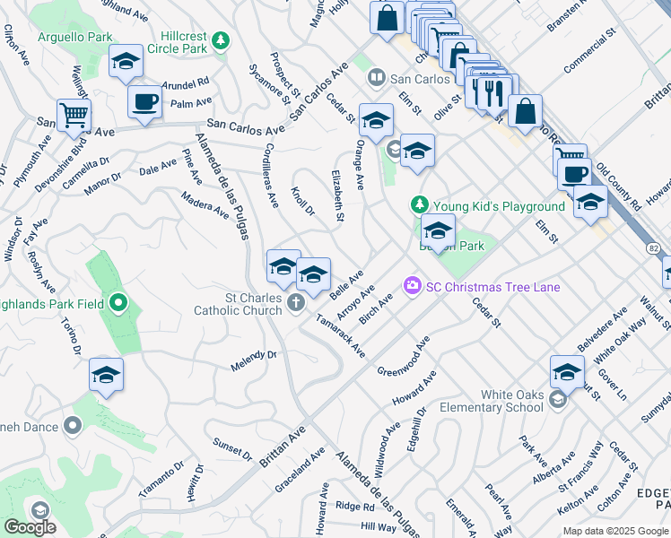 map of restaurants, bars, coffee shops, grocery stores, and more near 878 Knoll Drive in San Carlos