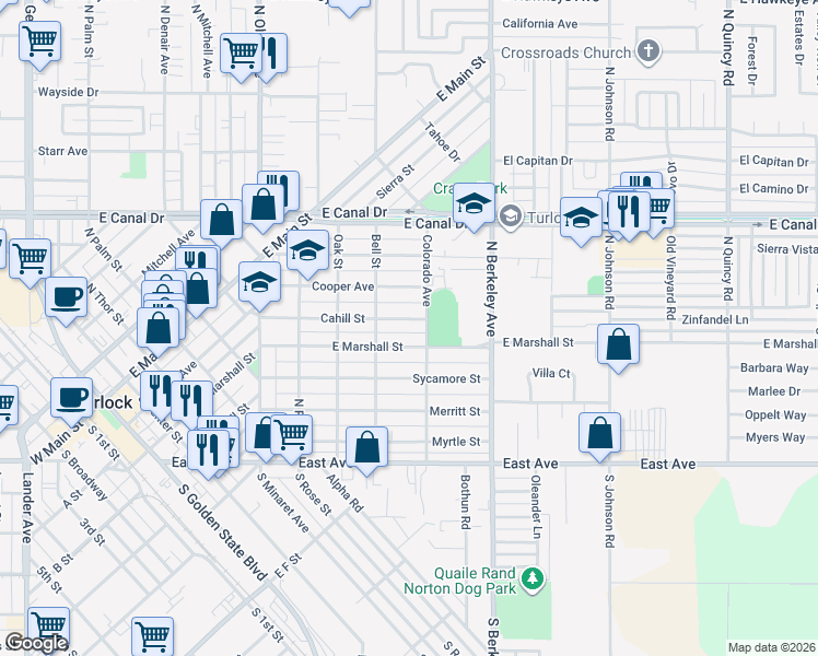 map of restaurants, bars, coffee shops, grocery stores, and more near 1434 Cahill Street in Turlock