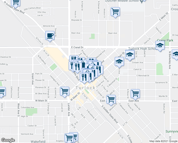 map of restaurants, bars, coffee shops, grocery stores, and more near 314 Mitchell Avenue in Turlock