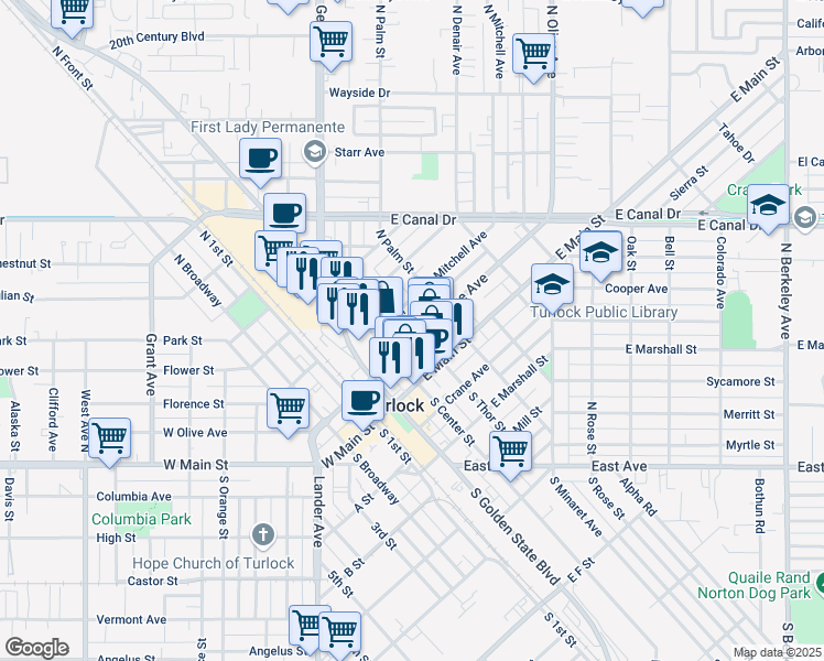 map of restaurants, bars, coffee shops, grocery stores, and more near 391 East Olive Avenue in Turlock