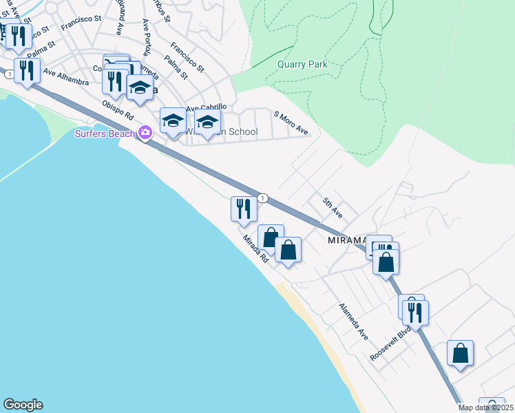 map of restaurants, bars, coffee shops, grocery stores, and more near 201 Magellan Avenue in Half Moon Bay