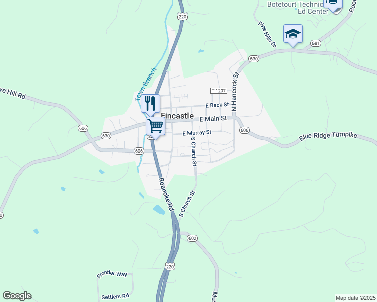 map of restaurants, bars, coffee shops, grocery stores, and more near 125 South Church Street in Fincastle