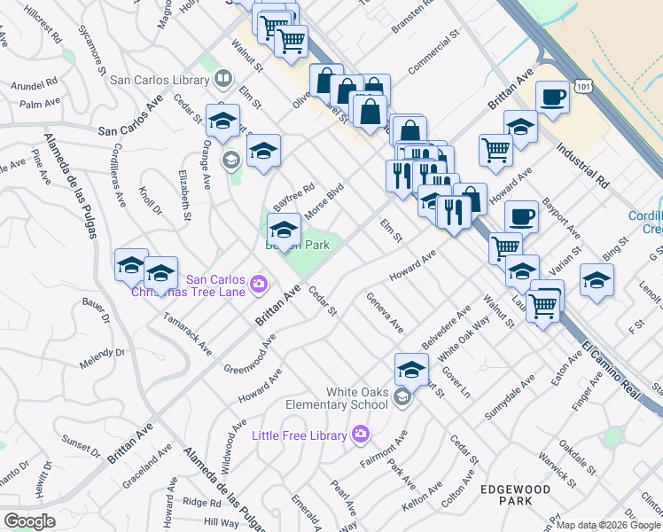 map of restaurants, bars, coffee shops, grocery stores, and more near 1689 Brittan Avenue in San Carlos