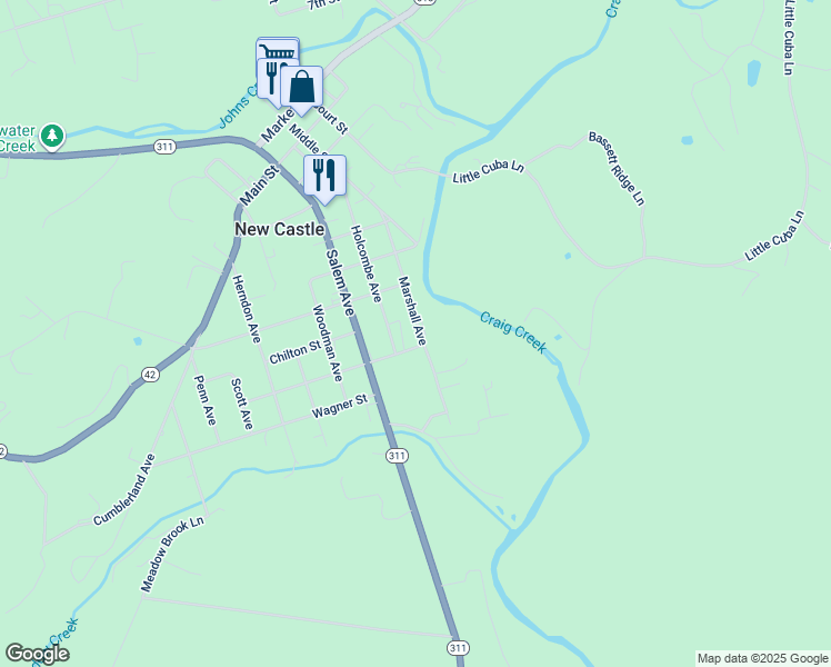 map of restaurants, bars, coffee shops, grocery stores, and more near 268 Marshall Avenue in New Castle