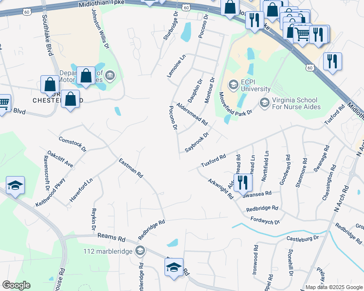 map of restaurants, bars, coffee shops, grocery stores, and more near 311 Pocono Drive in Richmond