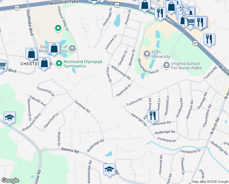 map of restaurants, bars, coffee shops, grocery stores, and more near 311 Pocono Drive in Richmond