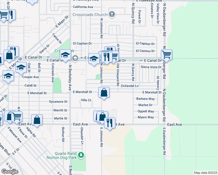 map of restaurants, bars, coffee shops, grocery stores, and more near 2080 Zinfandel Ln in Turlock