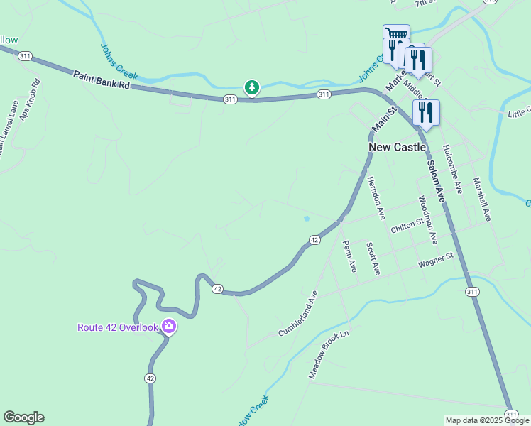 map of restaurants, bars, coffee shops, grocery stores, and more near 267 Yoder Street in New Castle