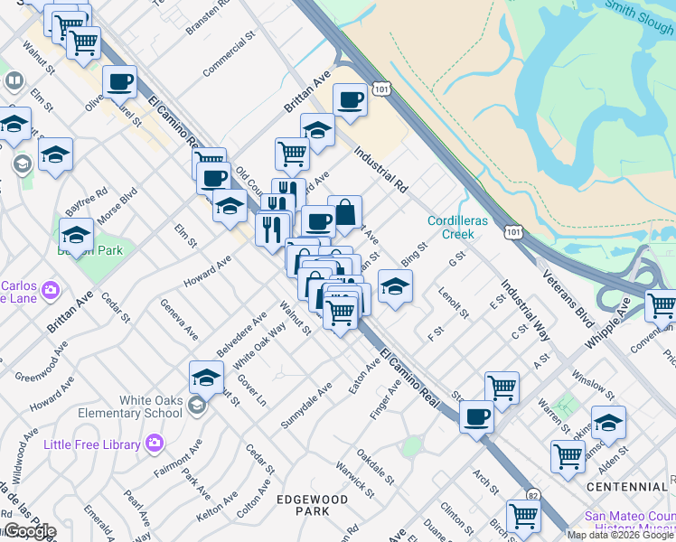 map of restaurants, bars, coffee shops, grocery stores, and more near 1601 Old County Road in San Carlos