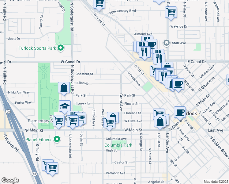 map of restaurants, bars, coffee shops, grocery stores, and more near 663 Park Street in Turlock